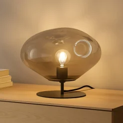 bordlampe Lelia, røggrå, glas, metal, Ø 35 cm^Lindby