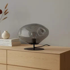 bordlampe Lelia, røggrå, glas, metal, Ø 35 cm^Lindby