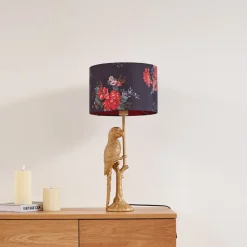 Lindby bordlampe Marula, guld, blomsterprint, tekstil, E27