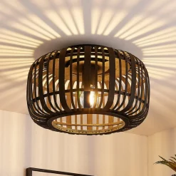 Canyana loftlampe, sort, rattan, Ø 40 cm^Lindby Outlet