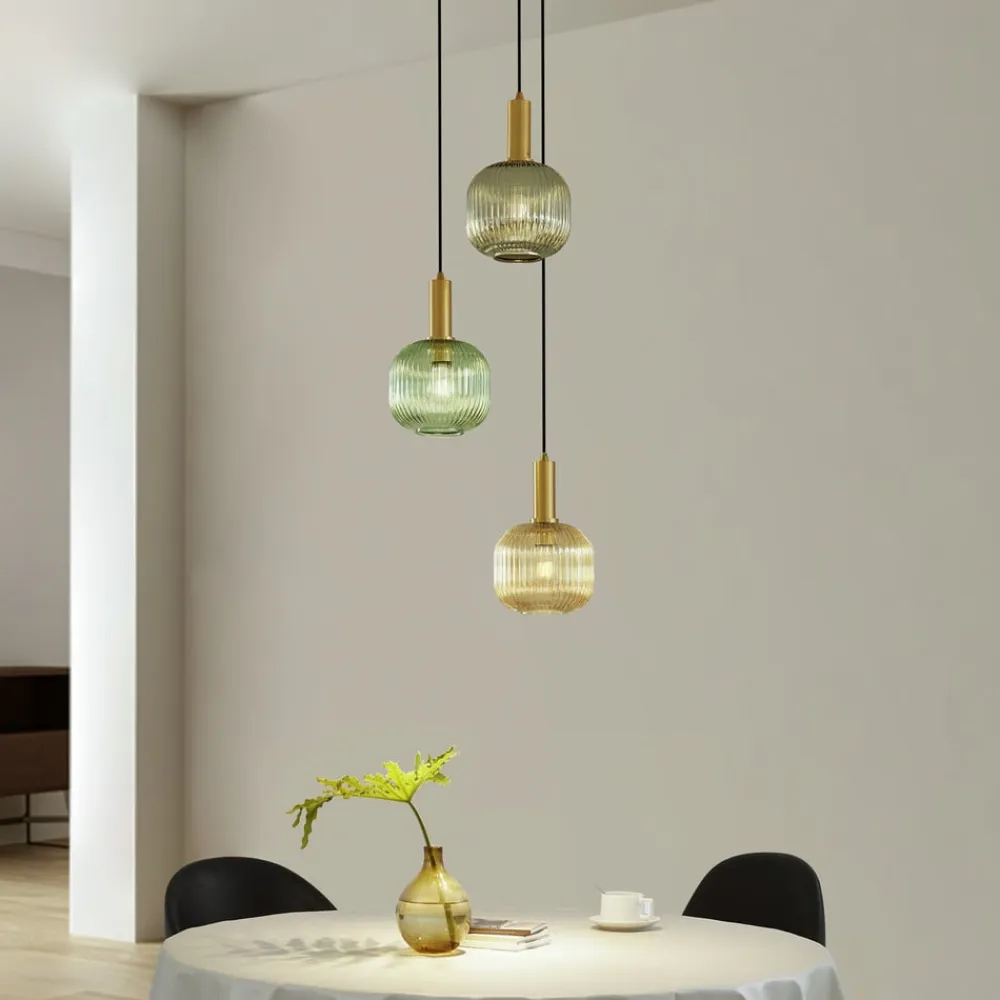 Lindby Pendellamper|Pendellamper>Doroteo hængelampe, 3 lyskilder, grøn/amber/grå, glas
