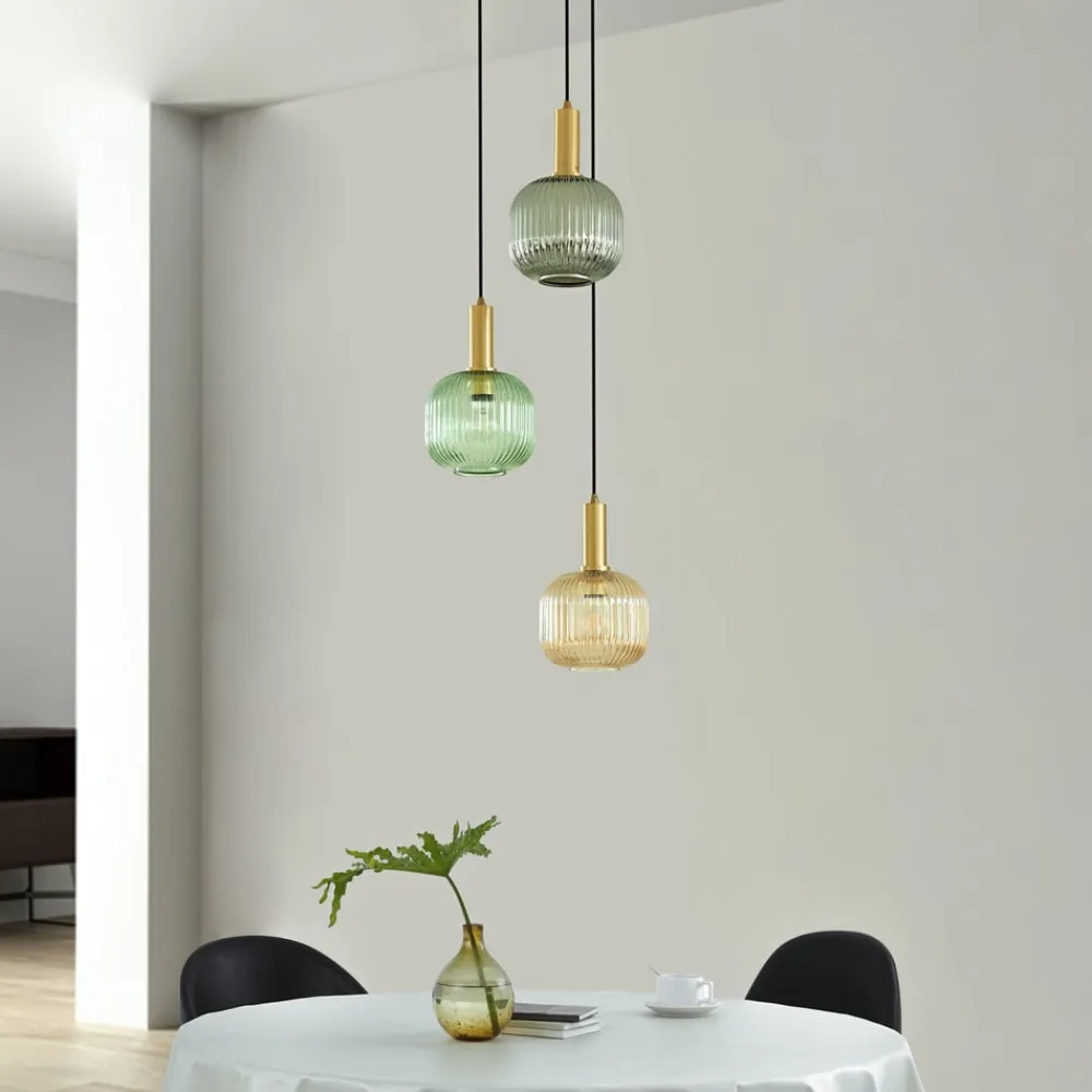 Lindby Pendellamper|Pendellamper>Doroteo hængelampe, 3 lyskilder, grøn/amber/grå, glas