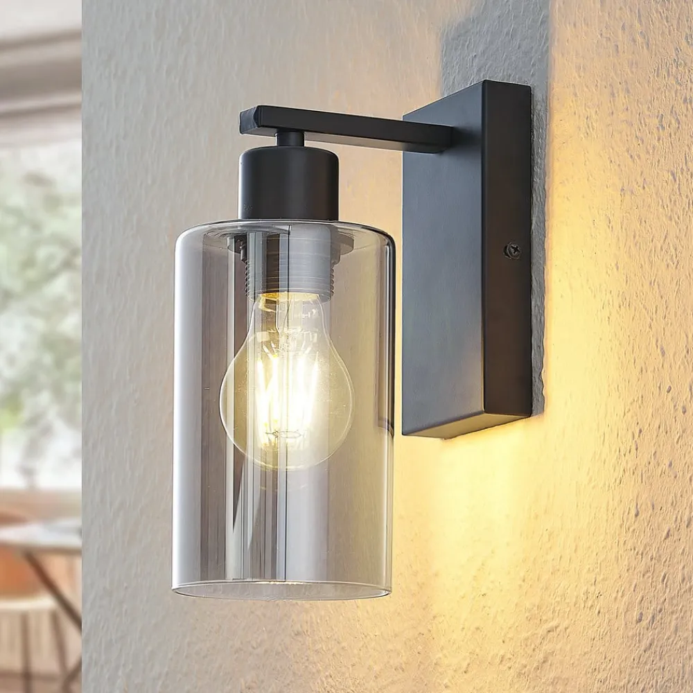 Lindby Væglamper|Væglamper>Emavi væglampe, sort/røggrå, glas, E27