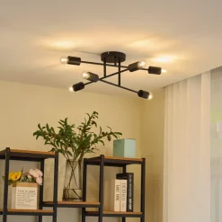 Lindby Estar loftlampe, sort, metal, 6 lyskilder, Ø56cm