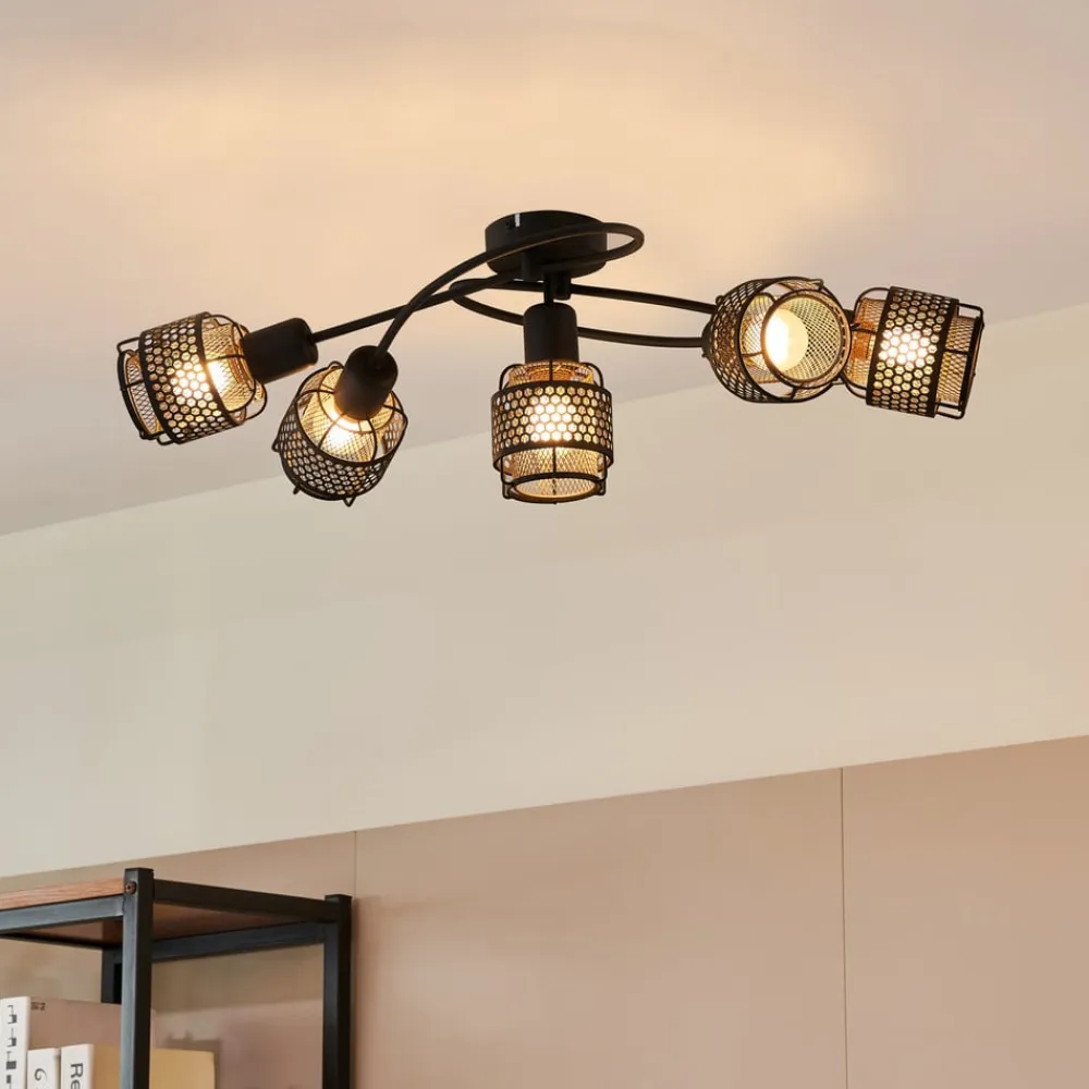 Lindby Loftlamper>Eudoria loftlampe, 5 lyskilder, sort/guld