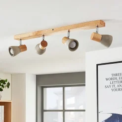 Lindby Filiz spotlight, 4 lyskilder, 77 cm, træ, beton, E14