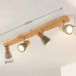 Lindby Filiz spotlight, 4 lyskilder, 77 cm, træ, beton, E14