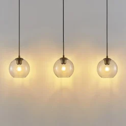 Grady hængelampe, messing/klar, 110 cm, metal, glas^Lindby Outlet