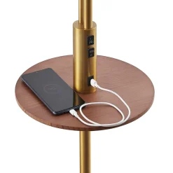 Lindby Gulvlampe Aovan, bronzefarvet, hylde, USB-port