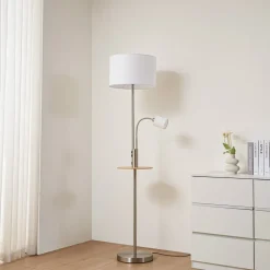 Gulvlampe Aovan, nikkelfarvet, hylde, USB-port^Lindby Outlet