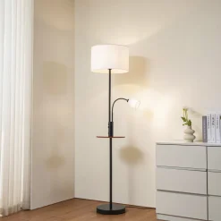 Lindby Gulvlampe Aovan, sort, hylde, USB-port