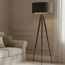 Lindby Gang|Pendellamper>gulvlampe Benik, stativ, tekstil, sort/guld, 153 cm