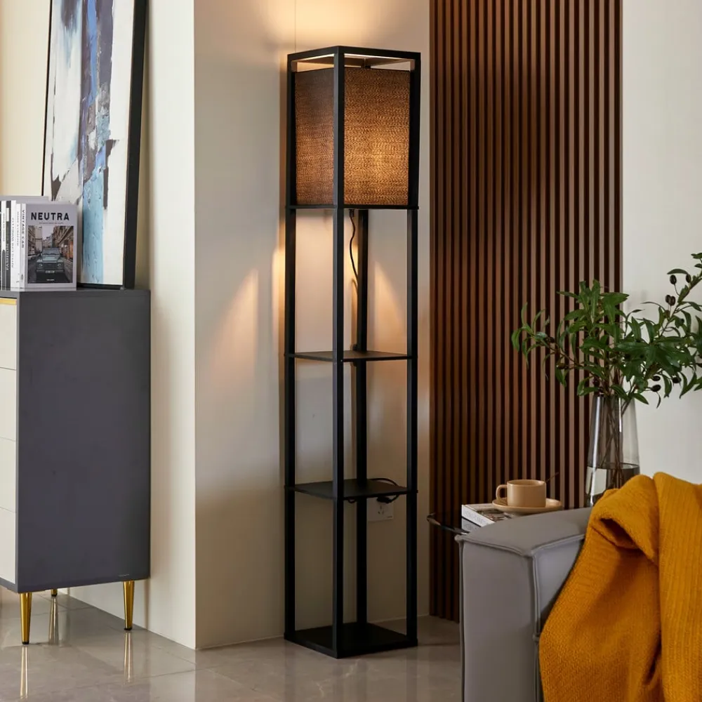 gulvlampe Birta, sort, hylde, træ, 159 cm^Lindby Discount