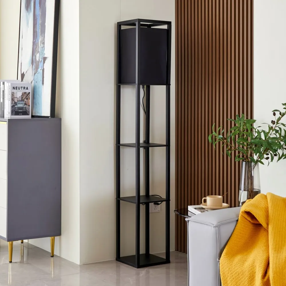 gulvlampe Birta, sort, hylde, træ, 159 cm^Lindby Discount