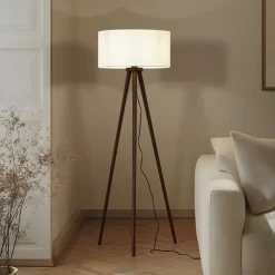 Lindby gulvlampe Charlia, hvid, valnøddetræ, højde 150 cm