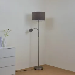 Lindby gulvlampe Jaileen, grå, tekstil, 170 cm, læselampe