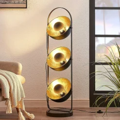 Lindby Gulvlamper|Gulvlamper>gulvlampe Muriel, 3 lyskilder, sort/guld, metal