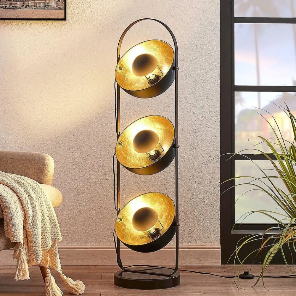 Lindby Gulvlamper|Gulvlamper>gulvlampe Muriel, 3 lyskilder, sort/guld, metal