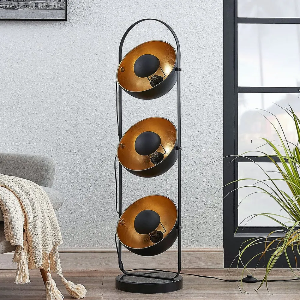 Lindby Gulvlamper|Gulvlamper>gulvlampe Muriel, 3 lyskilder, sort/guld, metal