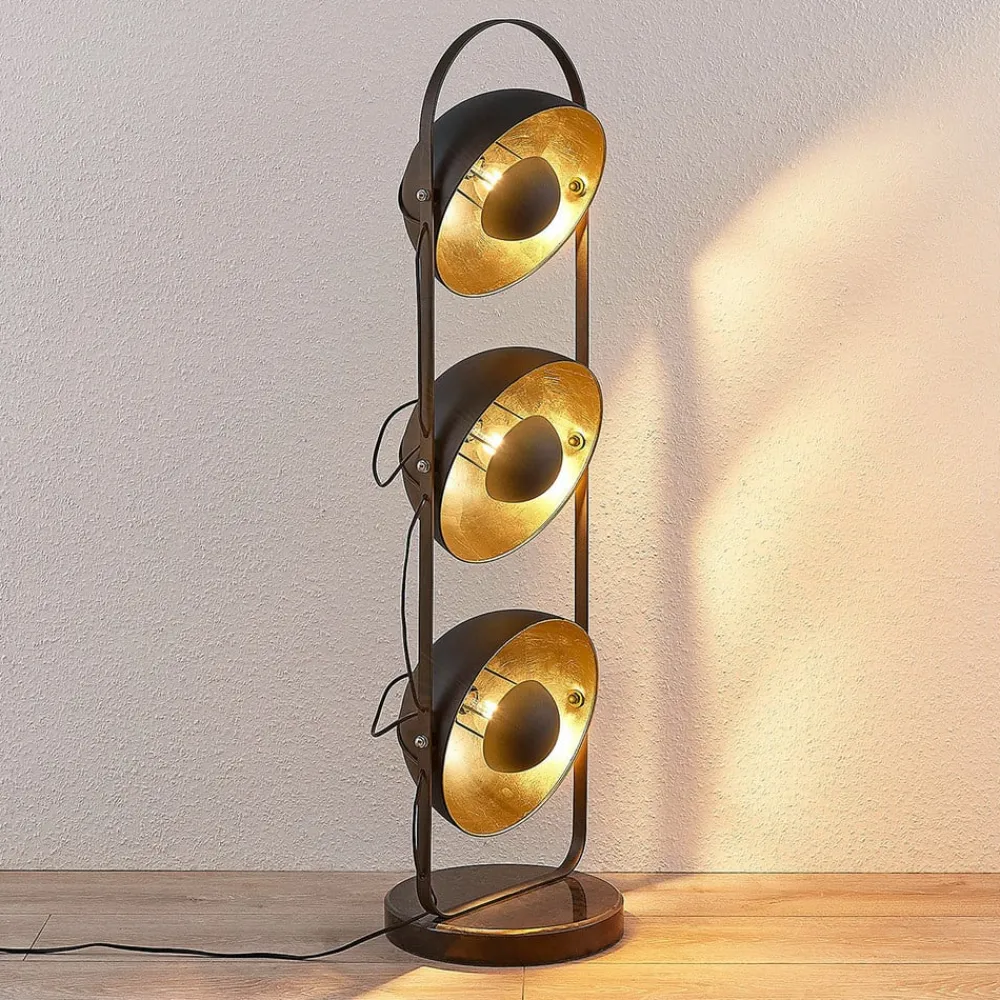 Lindby Gulvlamper|Gulvlamper>gulvlampe Muriel, 3 lyskilder, sort/guld, metal