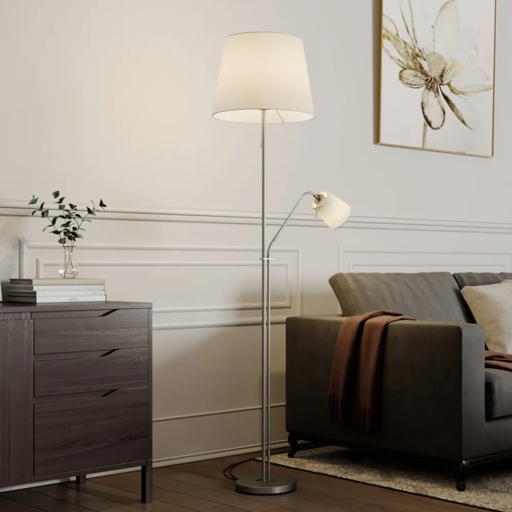 gulvlampe Nantwin, 175 cm, hvid, nikkel, tekstil^Lindby Online