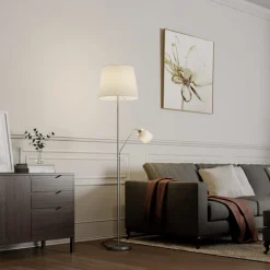 gulvlampe Nantwin, 175 cm, hvid, nikkel, tekstil^Lindby Online