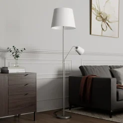 gulvlampe Nantwin, 175 cm, hvid, nikkel, tekstil^Lindby Online