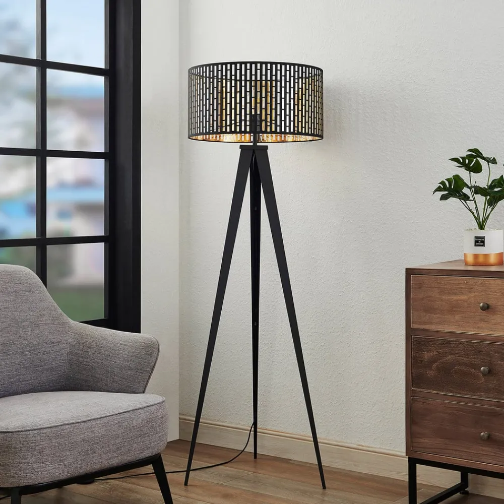 gulvlampe Thoralf, trefod, sort, tekstil, Ø50cm^Lindby Clearance