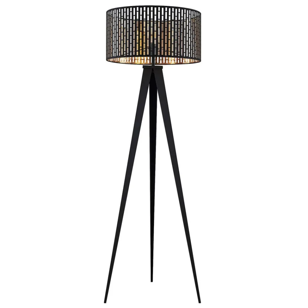 gulvlampe Thoralf, trefod, sort, tekstil, Ø50cm^Lindby Clearance