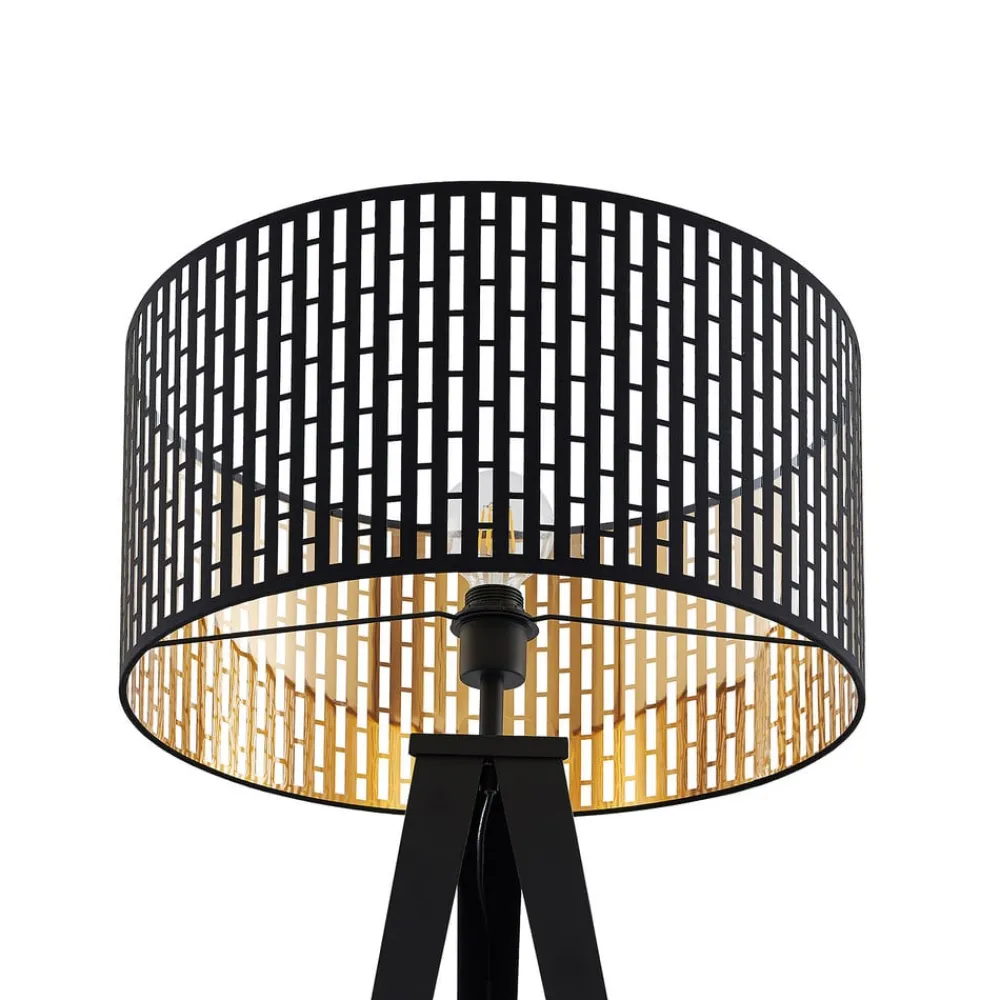 gulvlampe Thoralf, trefod, sort, tekstil, Ø50cm^Lindby Clearance