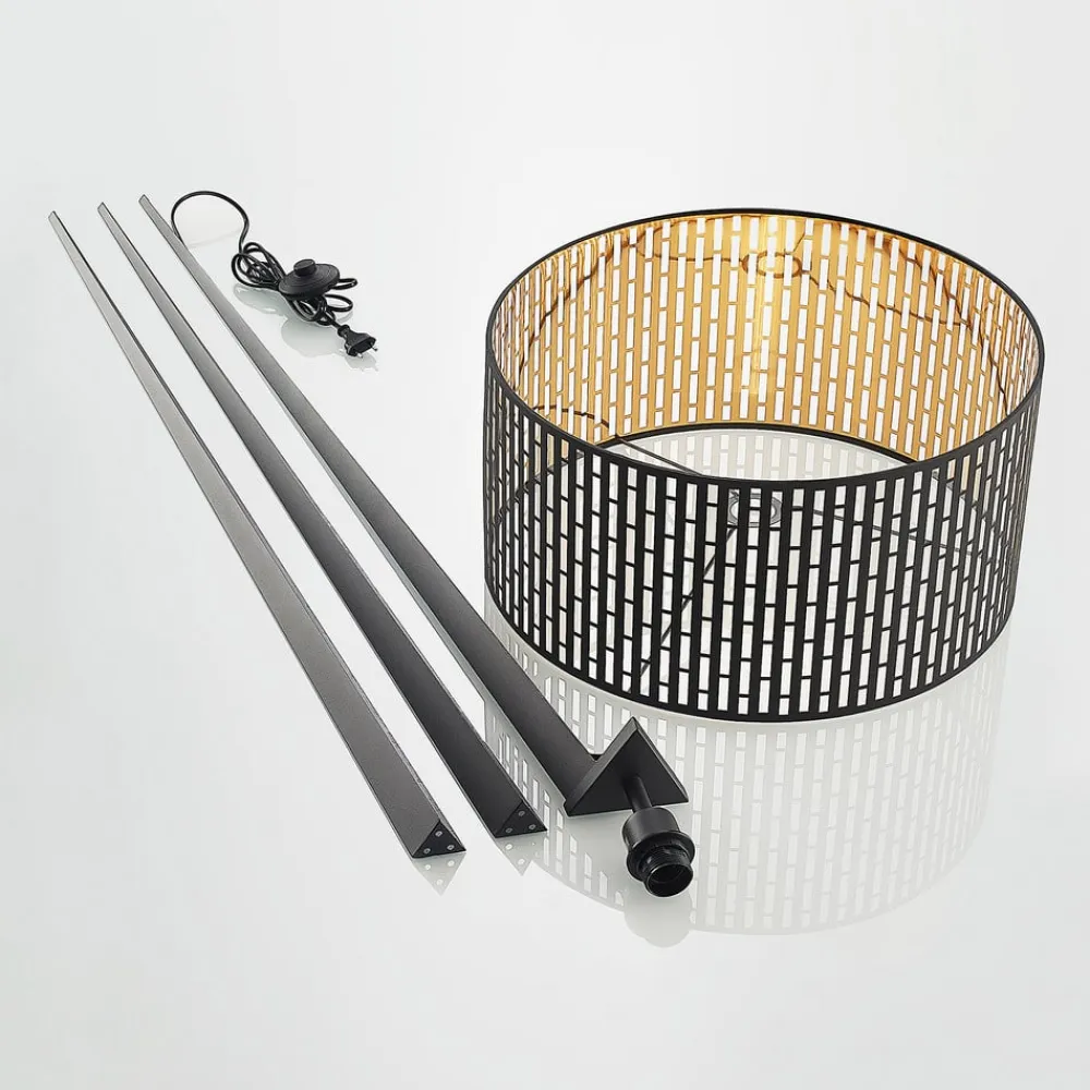 gulvlampe Thoralf, trefod, sort, tekstil, Ø50cm^Lindby Clearance