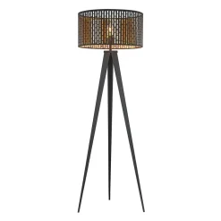 gulvlampe Thoralf, trefod, sort, tekstil, Ø50cm^Lindby Clearance