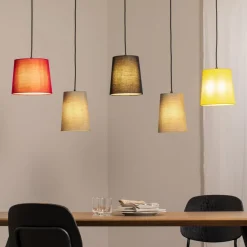 hængelampe Amilia, stof, 5 lyskilder, rød/grå/gul, E27^Lindby Discount