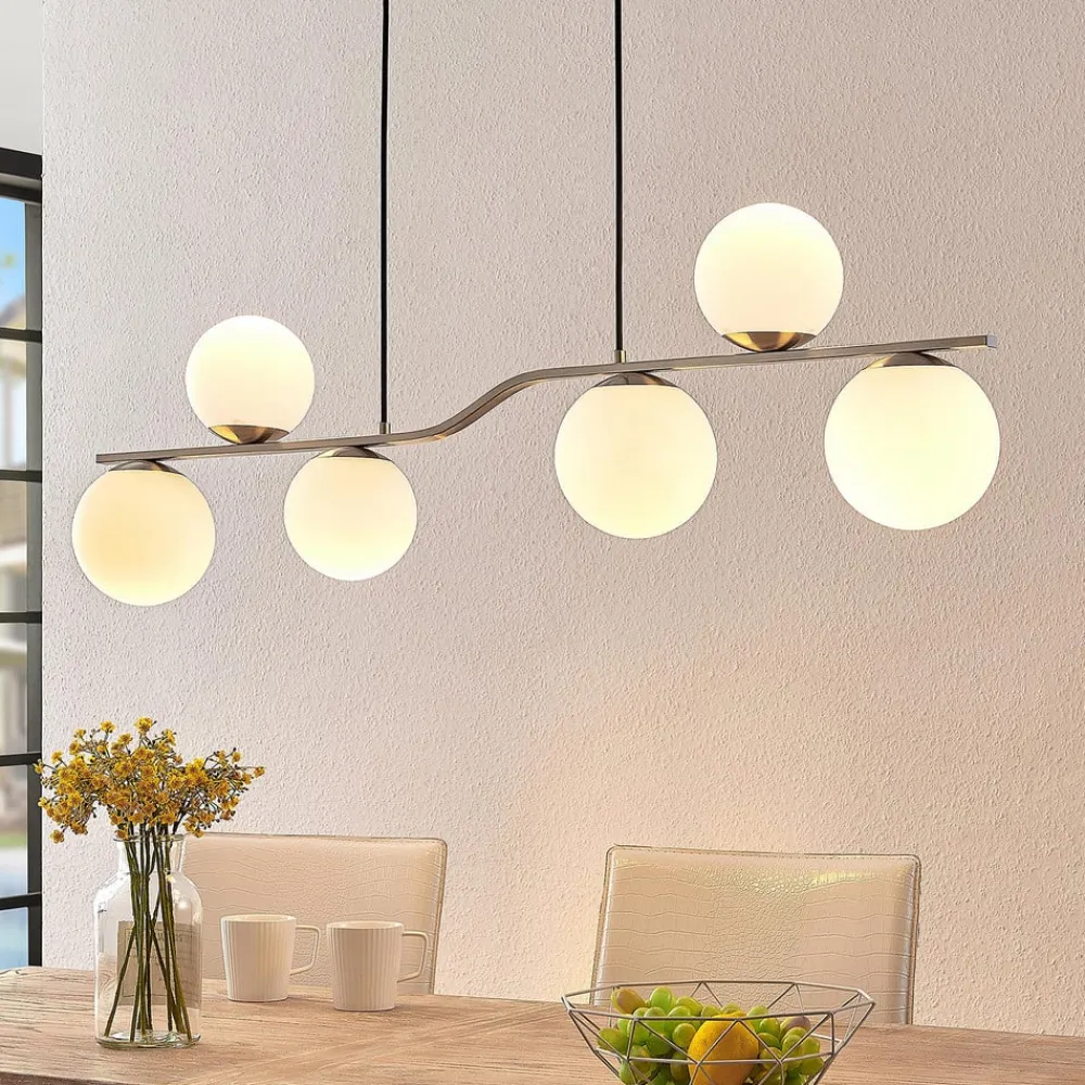 Lindby Pendellamper>hængelampe Avalyn, nikkelfarvet, glas, 110 cm, E14