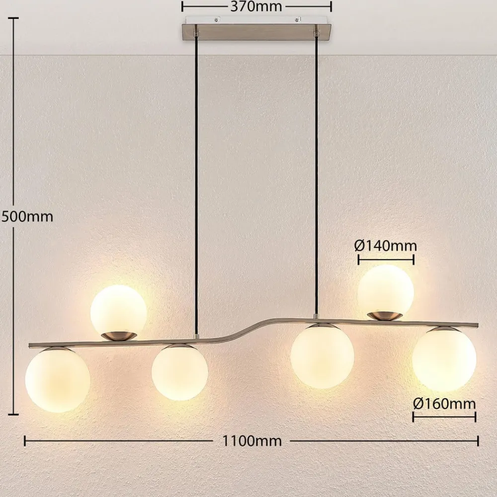 Lindby Pendellamper>hængelampe Avalyn, nikkelfarvet, glas, 110 cm, E14