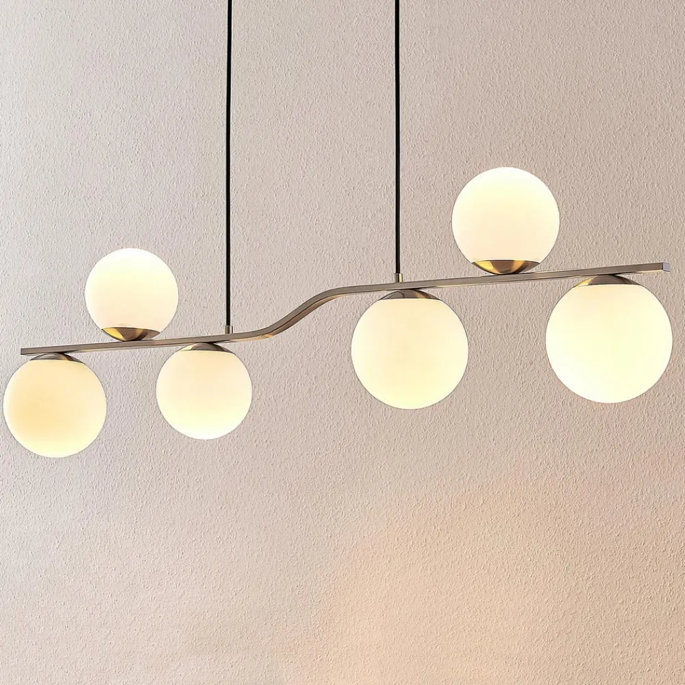 Lindby Pendellamper>hængelampe Avalyn, nikkelfarvet, glas, 110 cm, E14