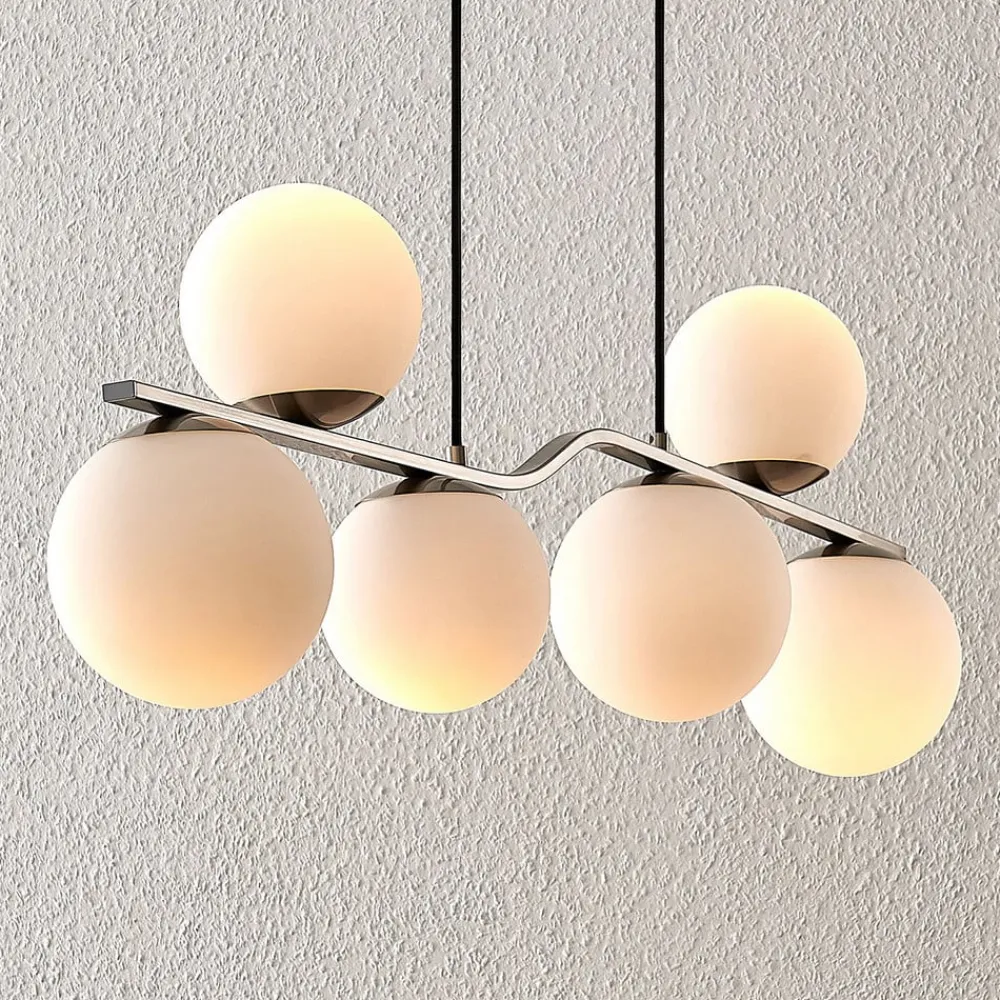 Lindby Pendellamper>hængelampe Avalyn, nikkelfarvet, glas, 110 cm, E14