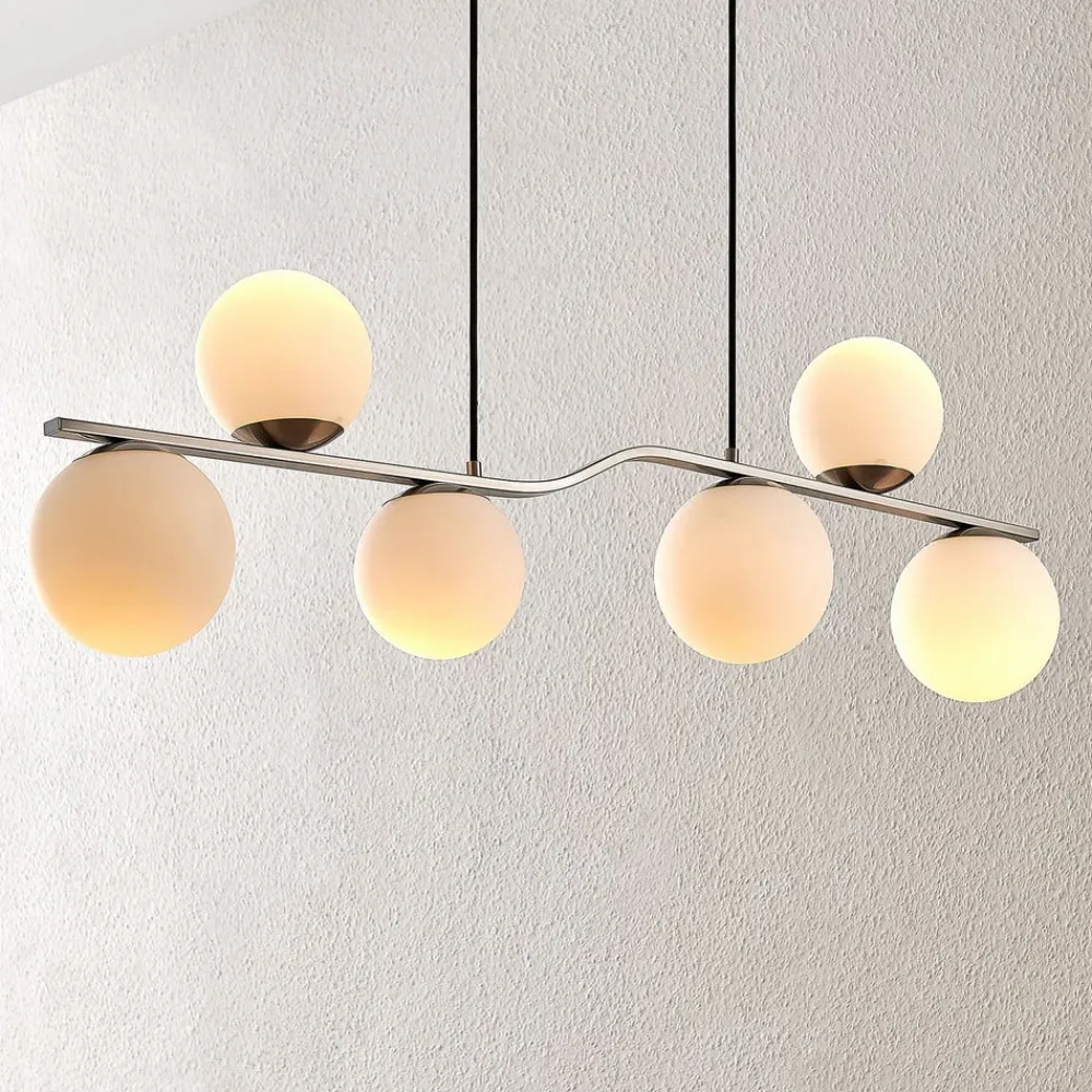 Lindby Pendellamper>hængelampe Avalyn, nikkelfarvet, glas, 110 cm, E14