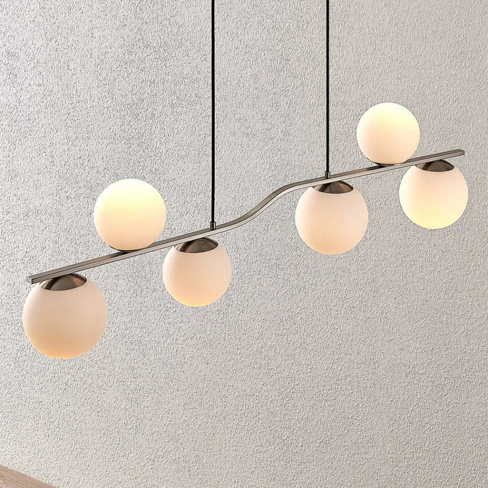 Lindby Pendellamper>hængelampe Avalyn, nikkelfarvet, glas, 110 cm, E14