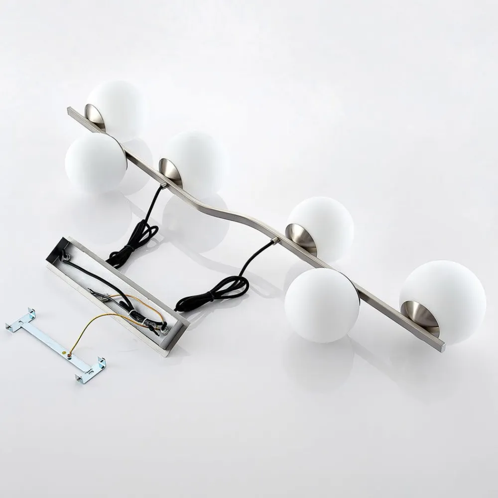 Lindby Pendellamper>hængelampe Avalyn, nikkelfarvet, glas, 110 cm, E14