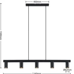 Lindby hængelampe Baliko, sort, 116 cm, 5 lyskilder, GU10