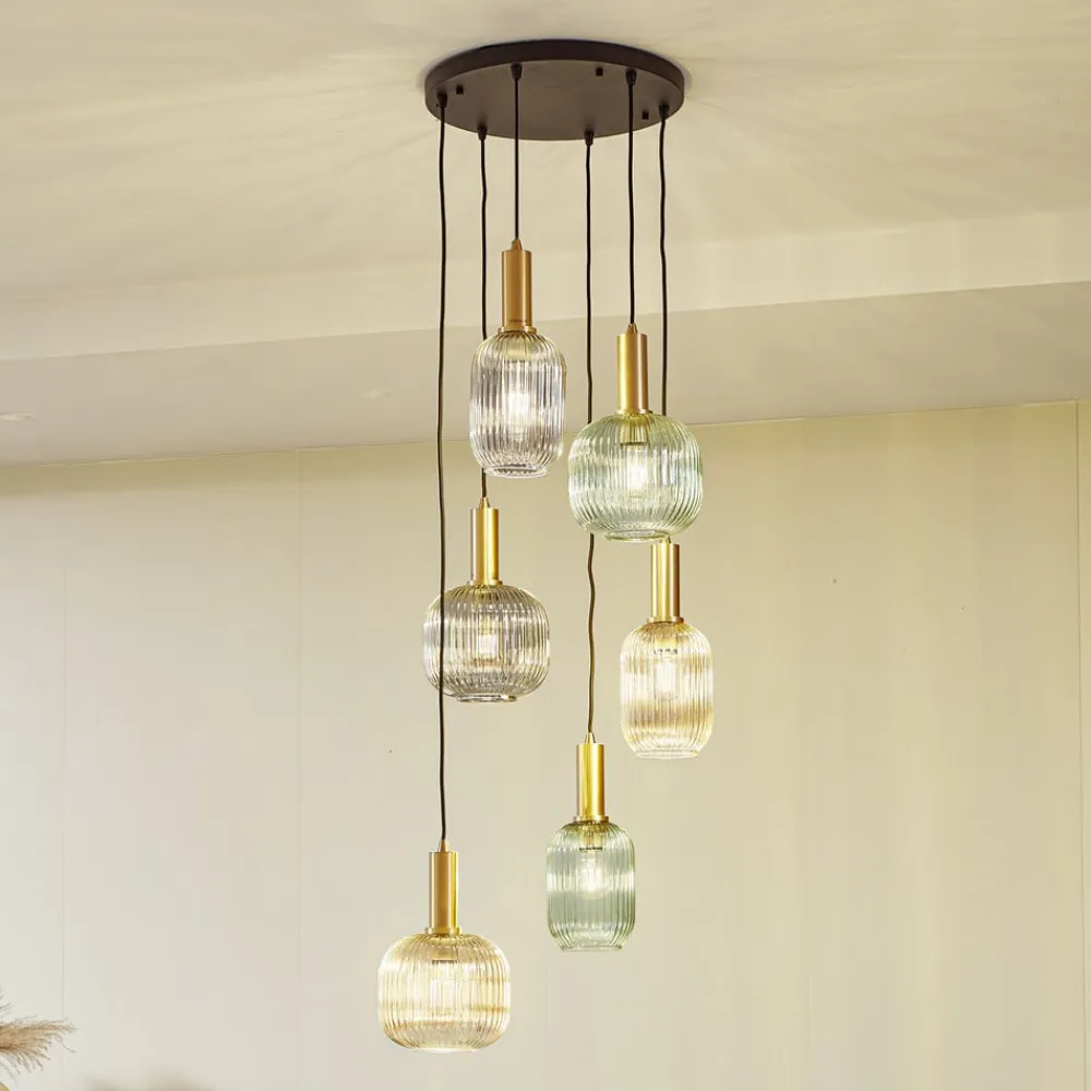 Lindby hængelampe Doroteo, 6 lyskilder, grøn/amber/grå, glas