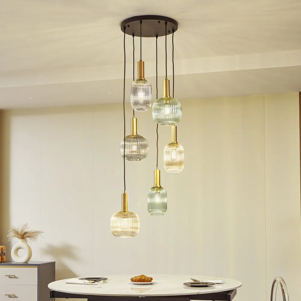 Lindby hængelampe Doroteo, 6 lyskilder, grøn/amber/grå, glas