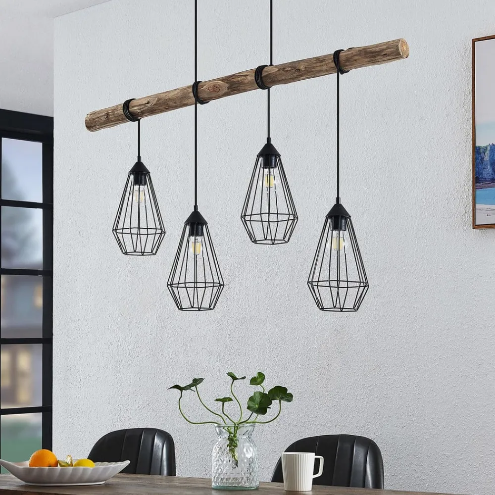 Lindby hængelampe Eldarion, 116 cm, 4 lyskilder, træ, E27