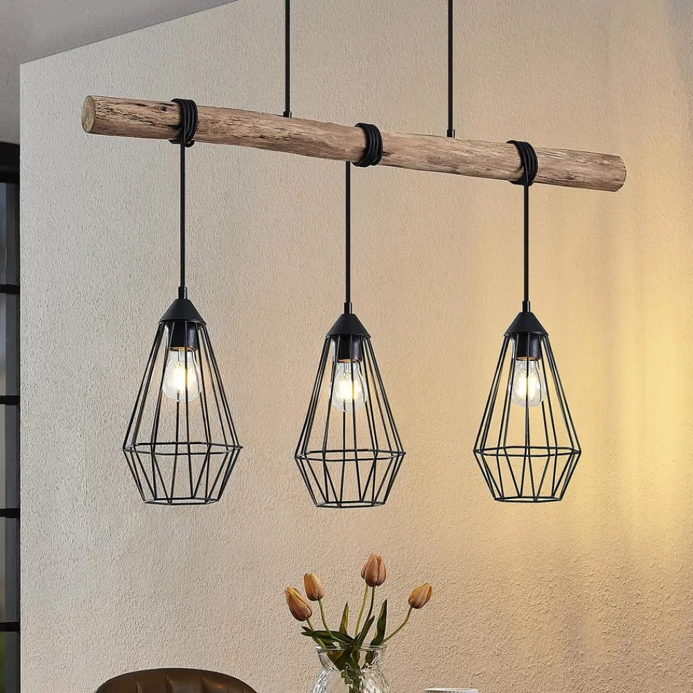 Lindby hængelampe Eldarion, 90 cm, 3 lyskilder, træ, E27