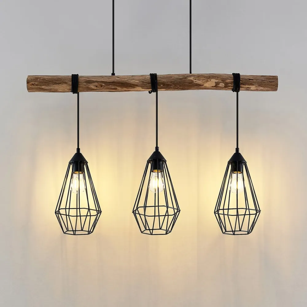 Lindby hængelampe Eldarion, 90 cm, 3 lyskilder, træ, E27