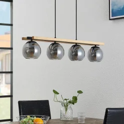 hængelampe Enrique, smoke, 4 lyskilder, glas, træ, E27^Lindby Discount