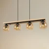 Lindby hængelampe Enrique, amber, 4 lyskilder, glas, træ, E27