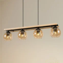 Lindby hængelampe Enrique, amber, 4 lyskilder, glas, træ, E27