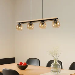 Lindby hængelampe Enrique, amber, 4 lyskilder, glas, træ, E27